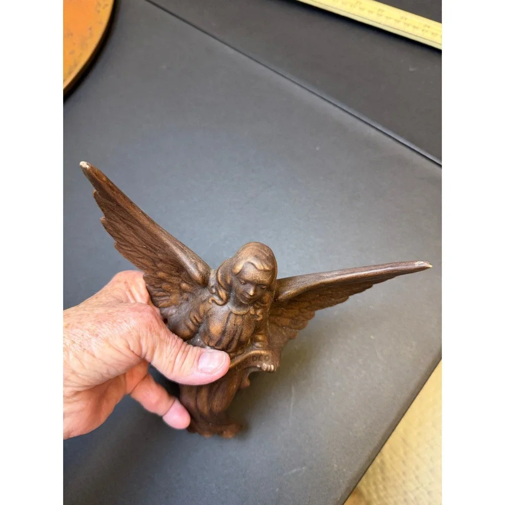 Vintage Bronze Tone Ceramic Angel Wall Hanging Figurine Religious Decor 7.5 Inch